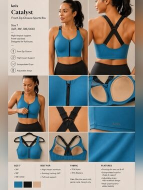 Sz 7 (36F, 38F, 38E/DDD) knix Catalyst Front Zip Closure Sports Bra